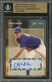 2006 Just Rookies Preview #7 Clayton Kershaw Gold Signed Rookie Card (#1/1) – BGS Uncirculated
